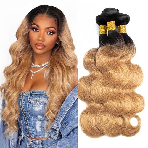 Ombre T1B/27 Body Wave Human Hair Bundles 18 20 22 Inch Brazilian Virgin Remy 3 Bundles Black to Honey Blonde Soft Silky Wave Extensions for Black Women