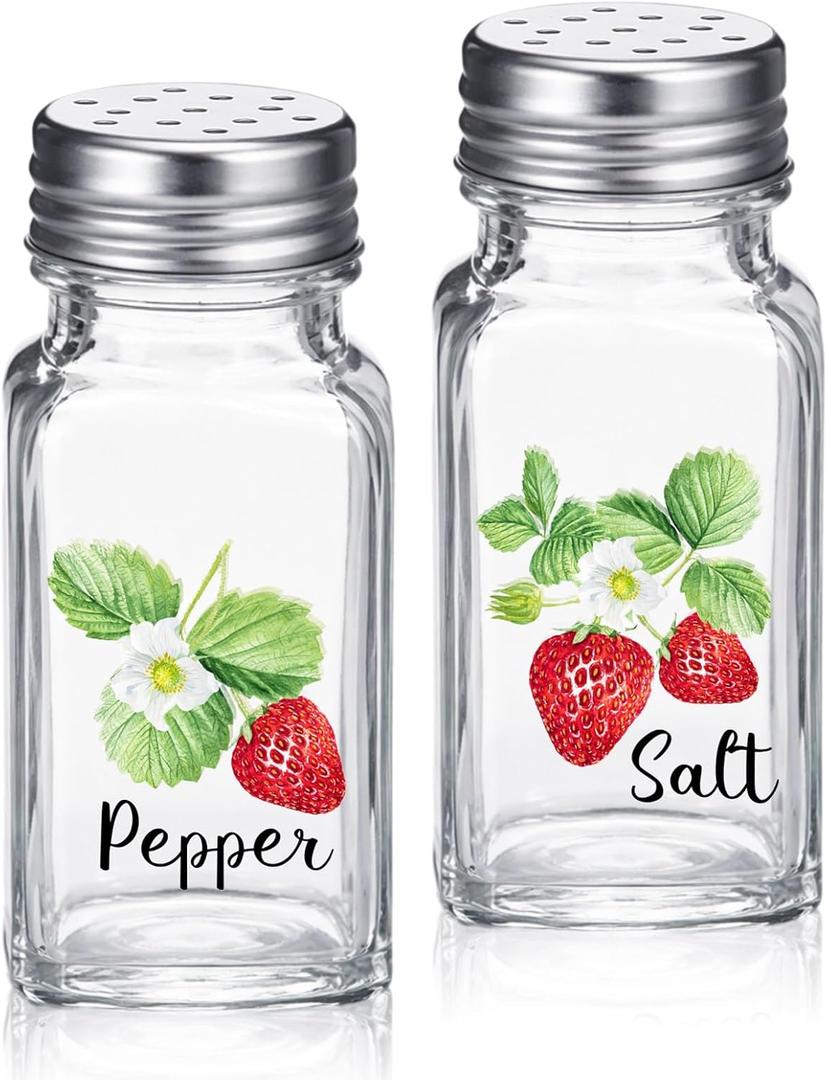 Gandeer 2 Pack Strawberry Salt And Pepper Shakers Set 2.7 oz Cute Glass Salt and Pepper Shakers with Stainless Steel Lid for Kitchen or Restaurant