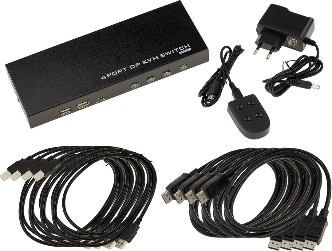 KVM Switch Automatic Mouse Keyboard Screen 4 PC - DISPLAYPORT USB - with Remote Control, Power Supply and Cords - Ultra HD 4K 60Hz