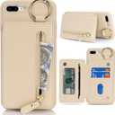 Case for iPhone 8 Plus & iPhone 7 Plus Case Wallet with Card Holder Keychain Ring Stand Leather Shockproof Phone case with Credit Card Slots Zipper Women Men-Beige