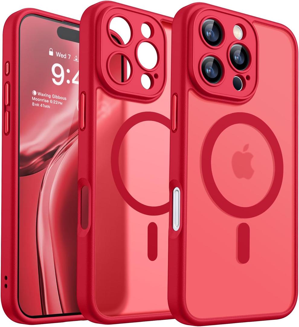 CANSHN Magnetic Compatible with iPhone 16 Pro Max Case, Upgraded [Full Camera Protection] [Compatible with Magsafe] [Translucent Matte] Shockproof Protective Phone Case Cover 6.9 Inch - Red