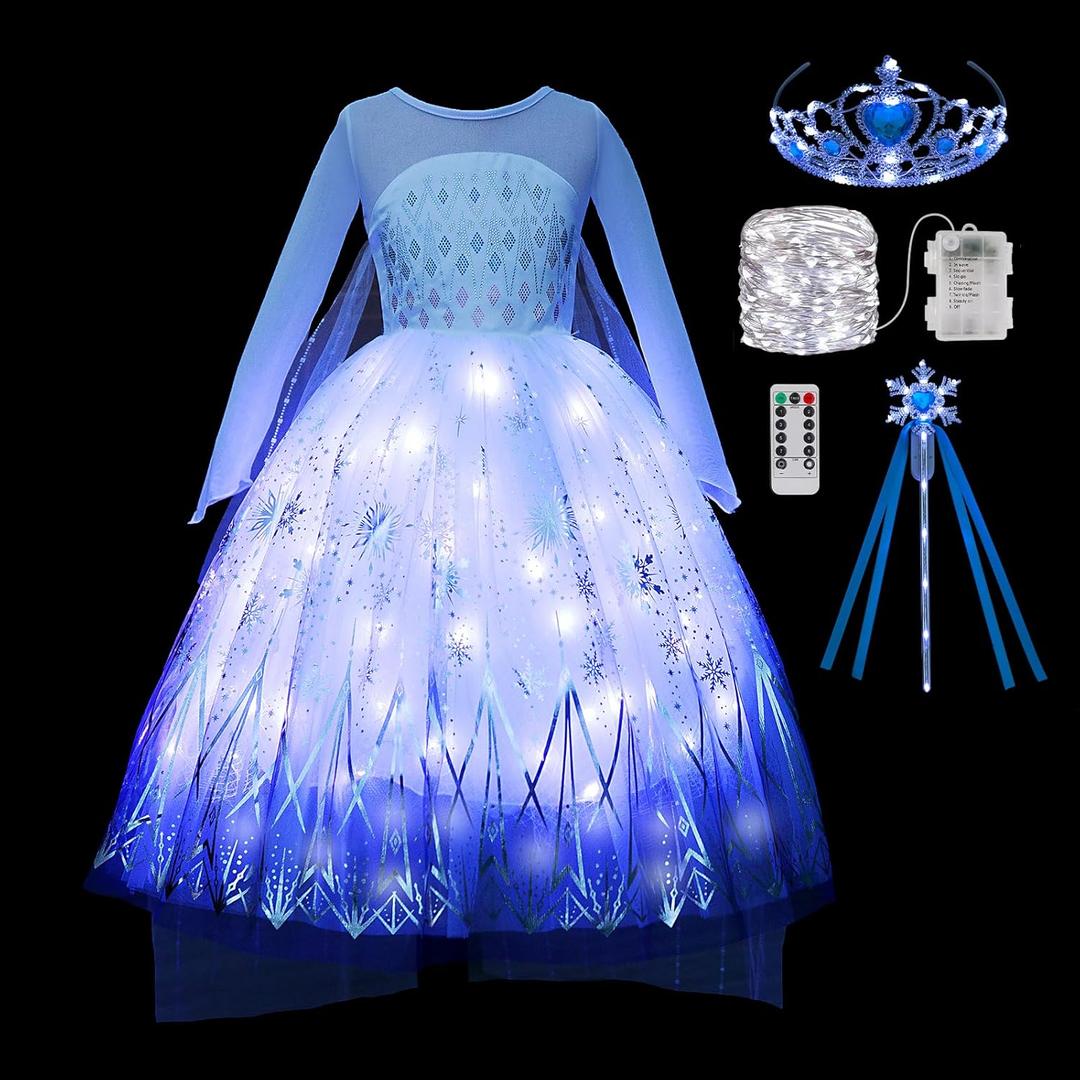Light Up Princess Costume Dress for Girls Halloween Birthday Party Outfit Cosplay Dress Up for Kids (6-7 Years)