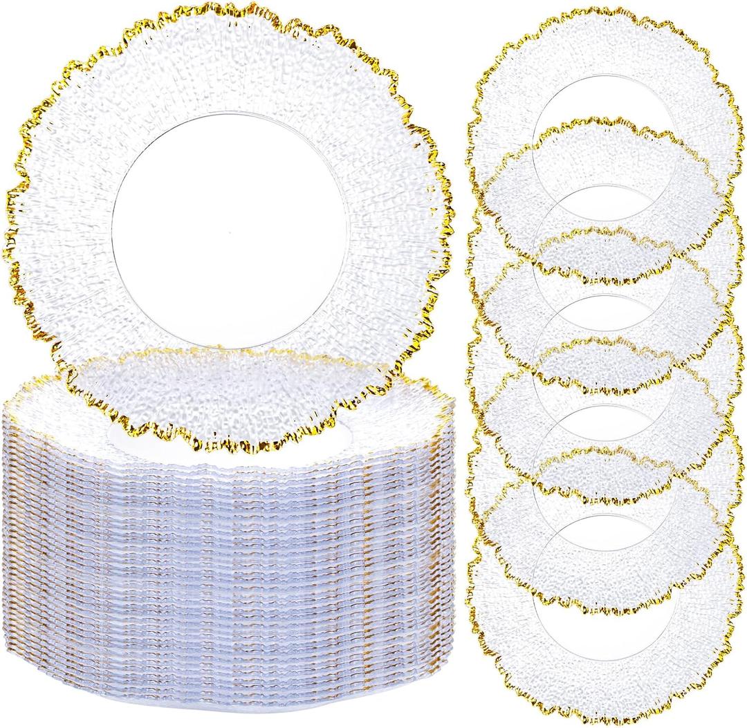 ejonirinjonir 50 Gold Trim Clear Charger Plates for Weddings 13" | Durable Plastic Charger Plates.Ideal for Holiday Tables.Easy to Clean Disposable Chargers or Hand Wash Reusable., 50pcs