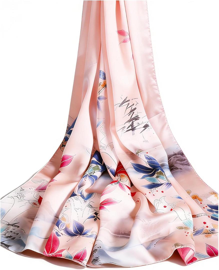 100% Mulberry Silk Oversized Womens Sun-Shielding Shawl Formal Evening Neckwear Featherlight Airy (N9-pastel Bloom Scarf69" X 21"inch)
