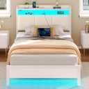 Rolanstar Bed Frame Twin Size with Charging Station and LED Lights, Upholstered Headboard with Storage Shelves, Heavy Duty Metal Slats, No Box Spring Need, Noise Free, Easy Assembly, White