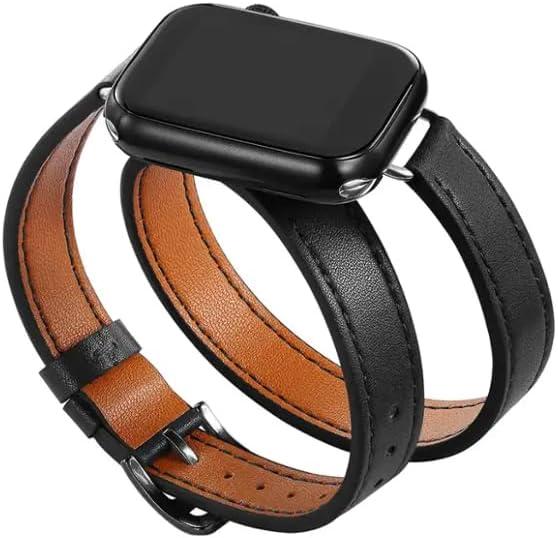 Double Watch Band for Apple Watch, 38mm/40mm/41mm or 42mm/44mm/45mm, Genuine Leather Slim Wrap Strap for Series 10 9 8 7 6 SE 5 4 3 2 1 (Black, 38mm/40mm/41mm)