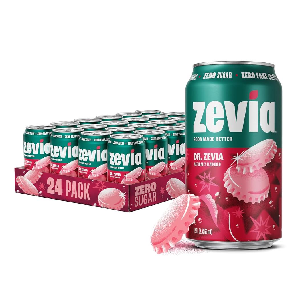 Zevia Zero Sugar Soda, Dr. Zevia, 12 oz Cans (24-Pack) Naturally Sweetened, Zero Calorie Sugar Free Soda - Non-GMO Project Verified, Gluten-Free, Vegan (EXP 10/20/27)