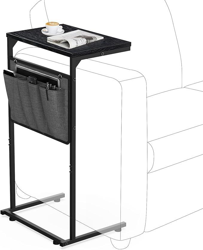 Vantic C Shaped End Table, Small Side Table for Couch and Recliner, Slide Under Sofa Tray Desk with Storage Bag for Living Room and Bedroom, Black