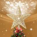 BLOOMWIN Christmas Tree Topper Lighted with Snowflake Projector, LED Rotating Hollow Snowflake, 3D Glitter Lighted Gold Star Tree Topper for Xmas Tree Festival Decorations Lights