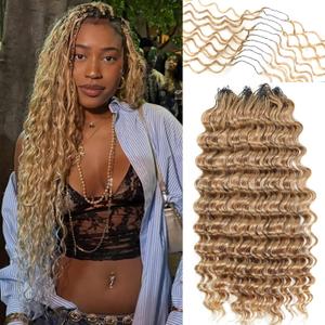 Urbeauty Feather Crochet Human Hair for Black Women, 100Strands Deep Wave for Boho Braids, Pre-Looped, Knotless & Invisible, 100% Real Human Hair, Soft & Reusable, Beginner-Friendly(Honey Blonde) (14 Inch)