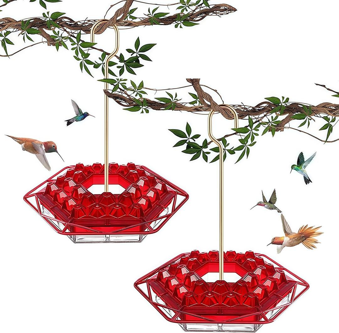 Hummingbird Feeder with Ant-Proof Moat Hummingbird Feeder, Easy to Clean and Refill Includes Hanging Hook, Features 30 Feeding Ports (Red 2PCS)