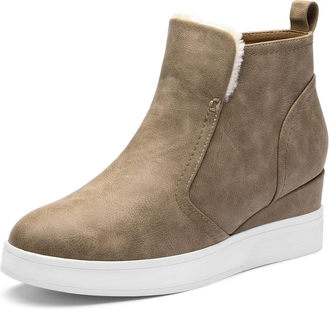DREAM PAIRS Womens Slip on High Top Wedge Sneakers Hidden Heel Platform Wedgie Ankle Booties (6, Taupe/Pu)