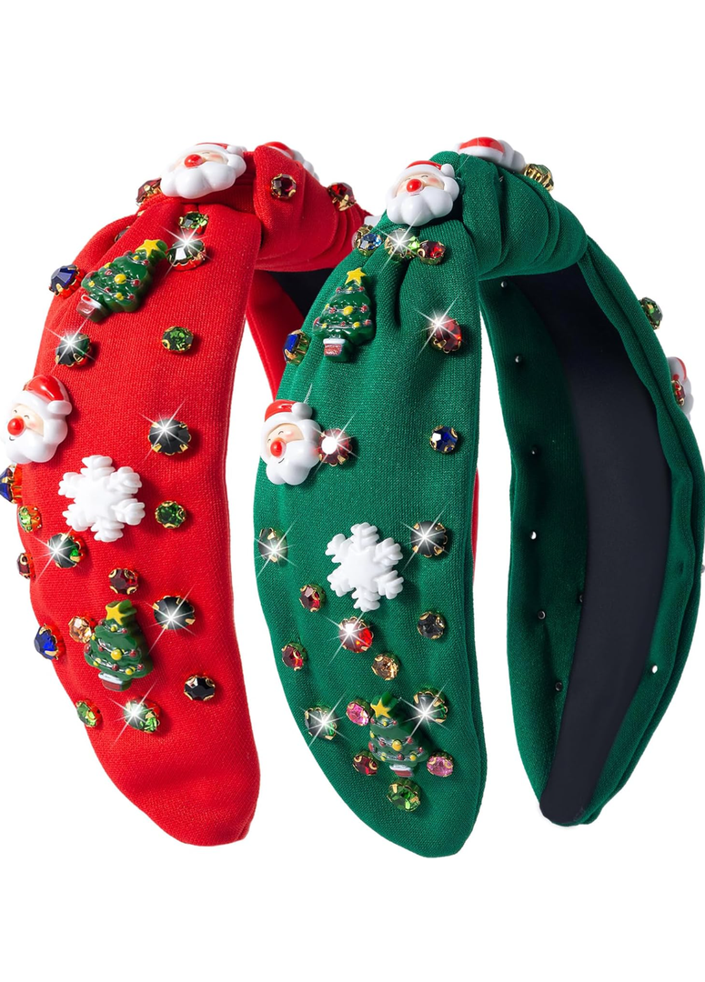 Winthrop 2 Pack Christmas Headband for Women Rhinestone Crystal Jeweled Ladies Wide Top Red Green Hair Holiday Costume