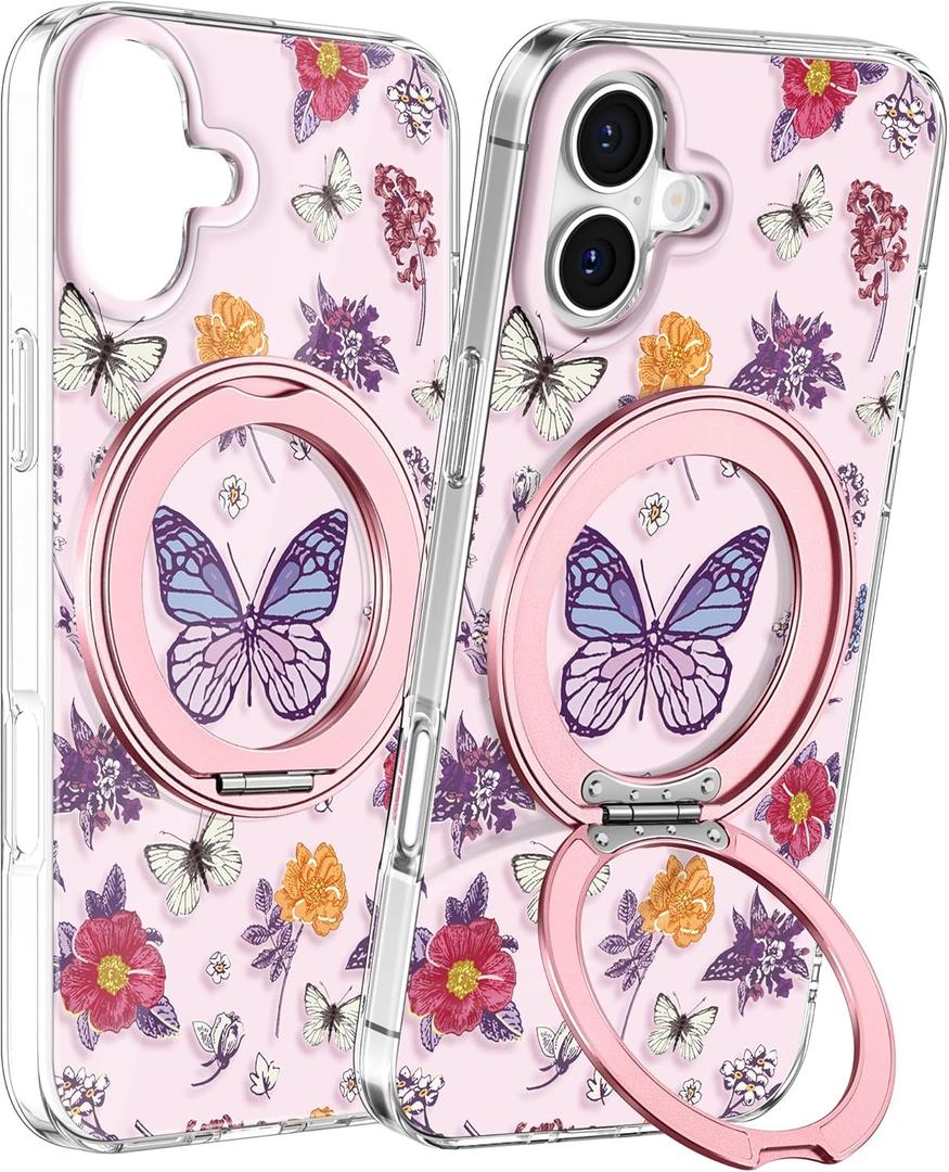 Loheckle for iPhone 17 Case with Stand- Compatible with MagSafe Women Girls Cute Girly AestheticDesign Soft TPU Magnetic Ring Phone Cover for Apple 17, Butterfly Flower