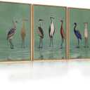 Large Vintage Heron Green Framed Canvas Wall Art,Crane Lake Wildlife Wall Decor,Minimalist Animals Art Prints,Nature Birds Landscape Artwork for Living Room,Bedroom,Farmhouse- 16''x24''x3