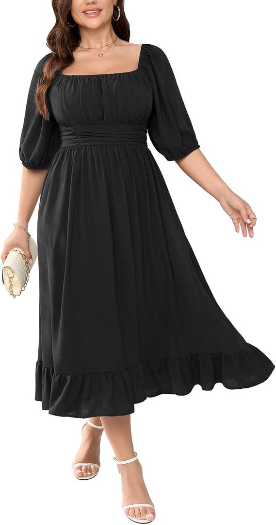 Women's Plus Size Maxi Dress Summer Half Lantern Sleeve Square Neck Smocked Flowy A-Line Elegant Wedding Guest Dresses 2XL