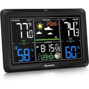 Newentor Weather Station Wireless Indoor Outdoor, Indoor Outdoor Thermometer Wireless, 7.5" Home Weather Stations with Atomic Clock, Temperature Humidity Gauge, Weather Forecast and Barometer, Black (With 1 Sensor)