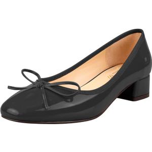 Lutalica W Women's Classic Closed Round Toe Patent Leather Comfortable Daily Slip On Bow Tie Chunky Heel Pumps Shoes (9, Black)