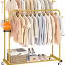 Laiensia Double Rods Garment Rack with Wheels, Clothing Rack for Hanging Clothes,4 Hooks, Multi-functional Bedroom Clothes Rack, Gold