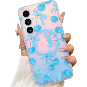 Magnetic Case for Samsung Galaxy S24 FE 6.7 Inch, Cherry and Bows | Wireless Charging Compatible, Hard PC and Soft TPU, Iridescent Design, Anti-Scratch, Shockproof Protection, for Women