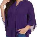 Betu Womens Ruffle 3/4 Sleeve V Neck Double Layers Mesh Blouses Loose Fit Flowy Tunic Tops, M-5XL (Purple)