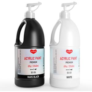 Smallbudi 2 Pack White & Black Large Acrylic Paint Set (69 oz, 2040 ml), Art Painting Bulk Supplies for Multi Surface Canvas Wood Leather Fabric Rock Craft, Non Toxic Paint for Kid & Adult with Pump