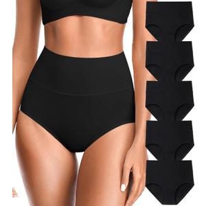 OLIKEME Womens High Waisted Underwear Tummy Control Cotton Full Coverage Ladies Panties Soft Stretch Briefs (Large, Black-5 Pack)