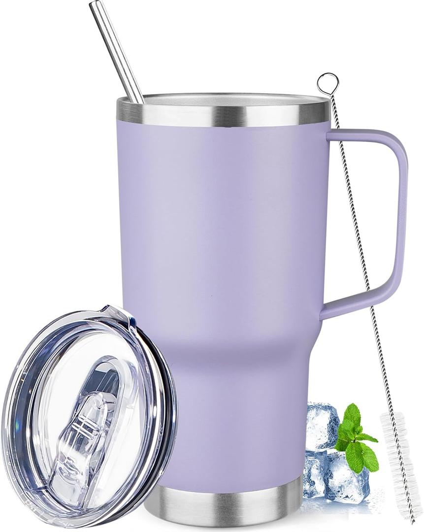20 oz Tumbler with Handle Stainless Steel Insulated Coffee Mug Tumbler with Lid and Straw Double Wall Vacuum Insulated Coffee Mug Leak Proof Travel Tumbler for Hot and Cold Drink (Pale Purple, count of 8)