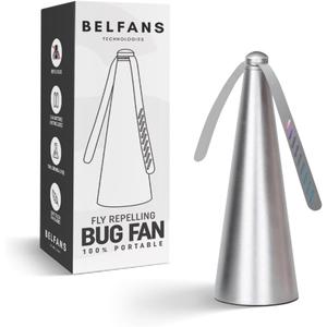 Belfans FlyRepellent Fan for Tables – Rechargable/USB Powered, Soundless Fly Swatter with Holographic Blades and Portable Fly Fan for Bees, Wasps & Outdoor Use (Silver Rechargeable)