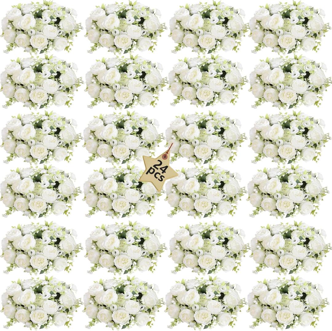 24 Bundles Peonies Artificial White Flowers Bouquet, Lifelike Silk Fake Peonies with Stems for Home Table Centerpieces, Wedding, Party & DIY Bridal Floral Arrangements (White)