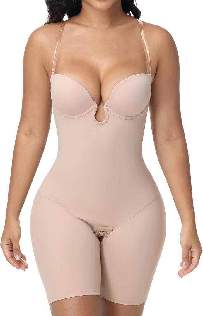 SHAPESHE Strapless Shapewear for Women Backless Bodysuit Tummy Control Built-in Bra Low Back Deep U Plunge Body Shaper, Small