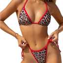 Verdusa Women's Cheetah Print Sexy Thong Bikini Sets Halter Triangle Tie Side Bikinis 2 Piece Bathing Suits Lepard Brown Red Medium