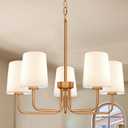 Farmhouse Chandelier, 5-Light Brass Chandelier with White Fabric Shade, Height Adjustable Modern Dining Room Light Fixture with E26 Base for Bedroom Foyer Hallway Entryway Kitchen Living Room