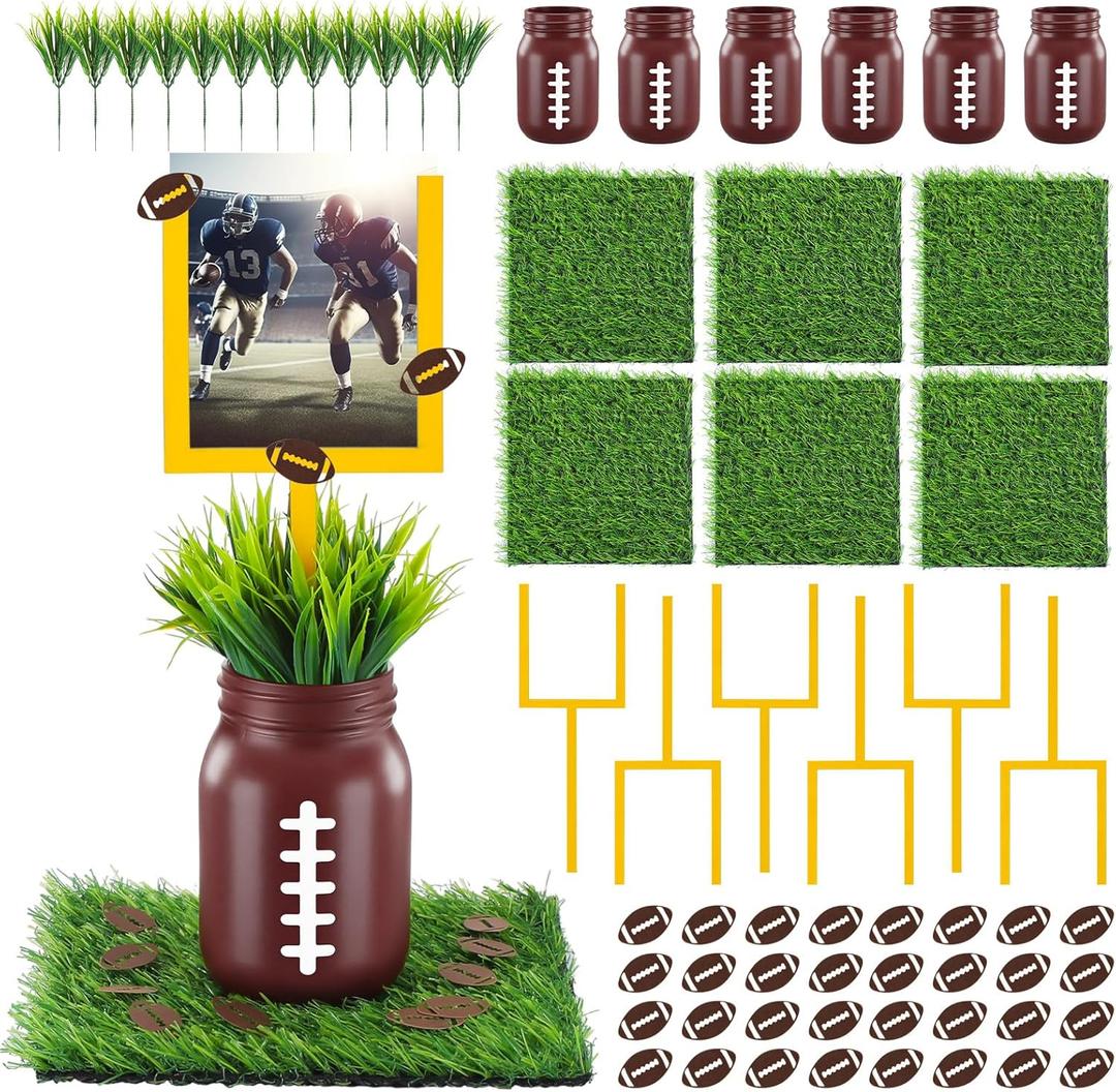 6 Sets 66 Pcs Football Centerpieces for Table Include Goal Post Photo Frame Decorations Football Cutouts Mason Jar Vases Artificial Grass Turf for Touch Down Rugby Day Birthday Party Decor