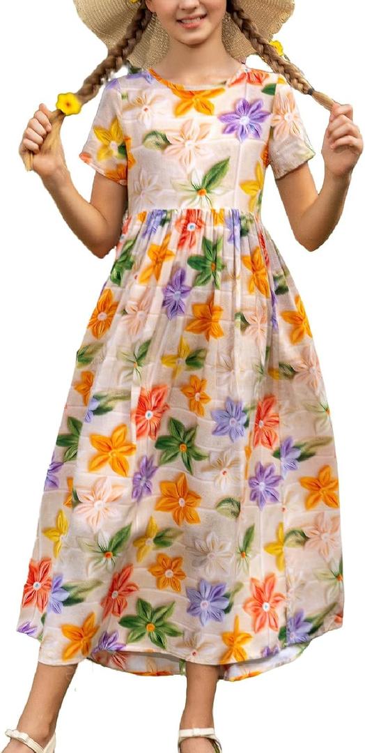 RONGTAI Girls 3D Dress for Girls Printed Short Sleeves Casual Summer Dresses with Pockets for 4-15Y Kids Outfits (6-7 Years, Flower-01)