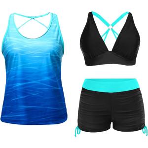 Yonique 3 Piece Tankini Swimsuits for Women Swim Tank Top Bathing Suits with Boy Shorts and Bra Athletic Swimwear (X-Large, Blue Gradient)