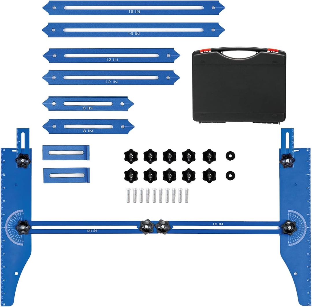 Stair Tread Template Tool, 3 in 1 Stair Tread Jig, Stair Measuring Tool, Adjustable Length, Angle and Depth Layout Tool Cutting Guide Tools for Stair Treads, Drywall,Risers and Partition, Blue