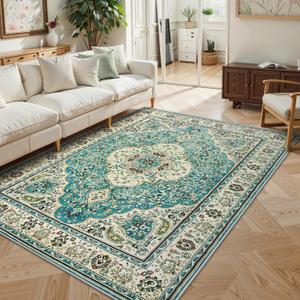 Lahome Floral Medallion Area Rug - 5x7 Large Distressed Living Room Rug, Soft Non-Slip Washable Low-Pile Bedroom Mat Floor Accent Carpet for Entryway Dining Room Office, Sky/Baby Blue