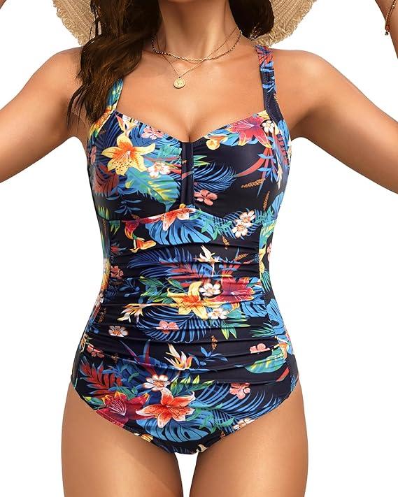 Tempt Me Women Ruched Slimming One Piece Swimsuits Tummy Control Vintage Bathing Suits (Large, Black Blue Floral)