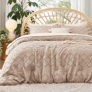 Bedsure Full Comforter Set - Warm Tan Comforter, Boho Tufted Shabby Chic Bedding, 3 Pieces Vintage Farmhouse Bed Set for All Seasons, Fluffy Soft Bedding with 2 Pillow Shams