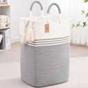 Laundry Basket Hamper,Blanket Storage,Dirty Clothes Hamper with Swivel Handles,Woven Cotton Rope Toy Baskets,Blanket Basket Living Room,Decorative Hampers for Nursery,Bedroom,White & Gray,60L