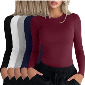 5 Pack Womens Underscrub Long Sleeve Shirts Slim Fit Crew Neck Tops Basic for Nurse with Soft Fabric (Large, Black, White, Light Mixed Gray, Navy Blue, Wine Red)