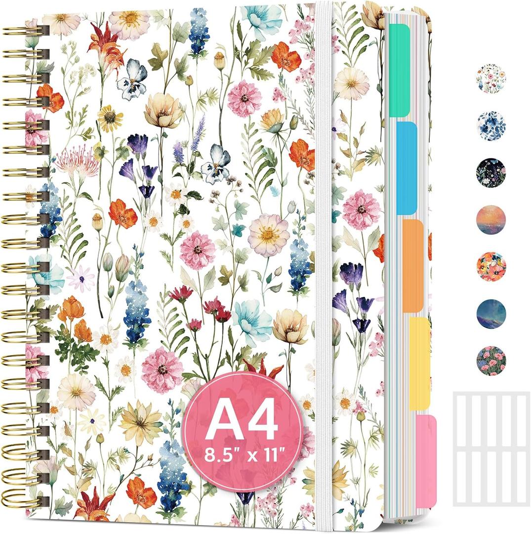 Large Spiral Lined Notebooks for Work with Removable Dividers & Tabs, 8.5"x11" Pretty Hardcover 5 Subject Notebook Journal for Women, College Ruled, Perfect for Study & Office Organization, 280 Pages,Wildflowers