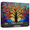 Amzgo 1000 Pieces Stained Glass Jigsaw Puzzle, Beautiful Tree of Life Art Puzzles for Adults, Unique Fun Impossible Hard Difficult Challenging Pretty Puzzles, Colorful Mosaic Nature Puzzle, 27.5 x 19.7 inches