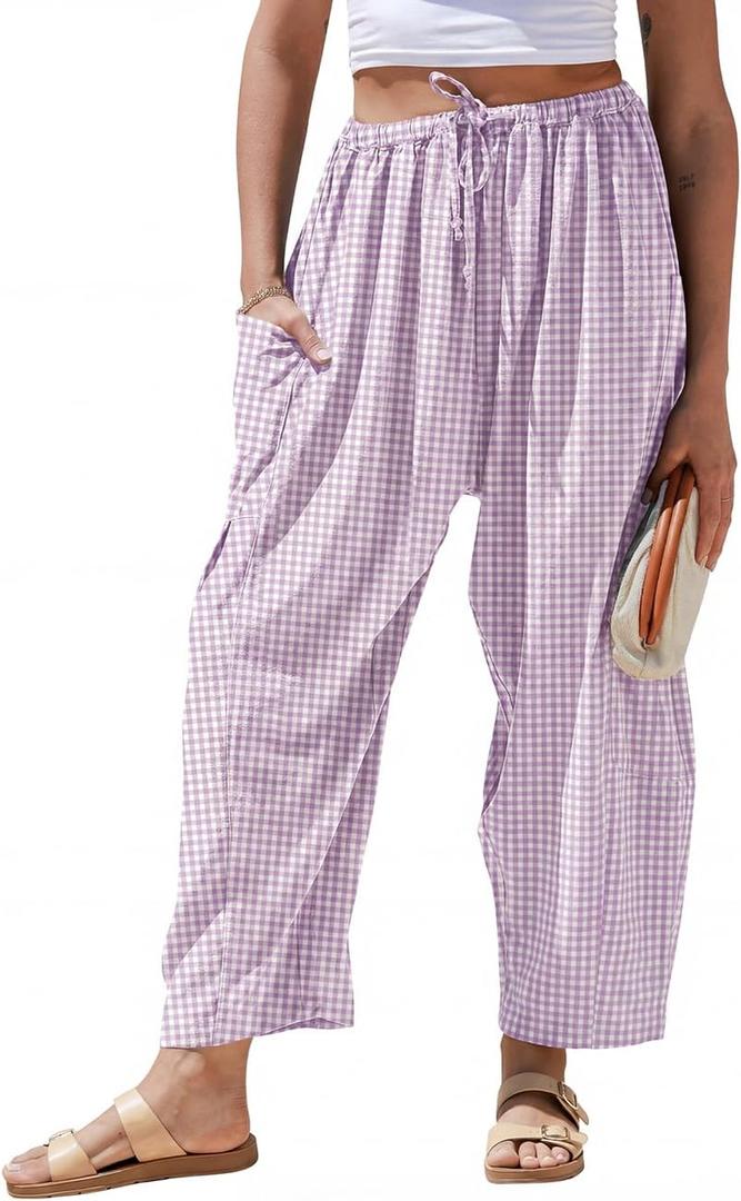 TARSE Womens Linen Wide Leg Striped Pants Casual Barrel Loose Drawstring Low Waist Palazzo Harem Pants with Pockets(Light Purple White Plaid, XS)