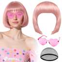 PLULON Lovely Pink Bob Wig with Heart Sunglasses Hair Cap, Colorful Short Bob Wigs Synthetic Party Wigs Funny Cosplay Hairpieces for Women Men Neon Bachelorette Halloween Costume Party Decorations