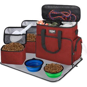 Dog Travel Bag Airline ApprovedPet Travel Tote with Collapsible Bowls,Food Containers & Feeding MatMulti-Pocket Organizer for Dogs & Cats, Durable & Water-Resistant for Hiking,Trips,Outdoors (Red)