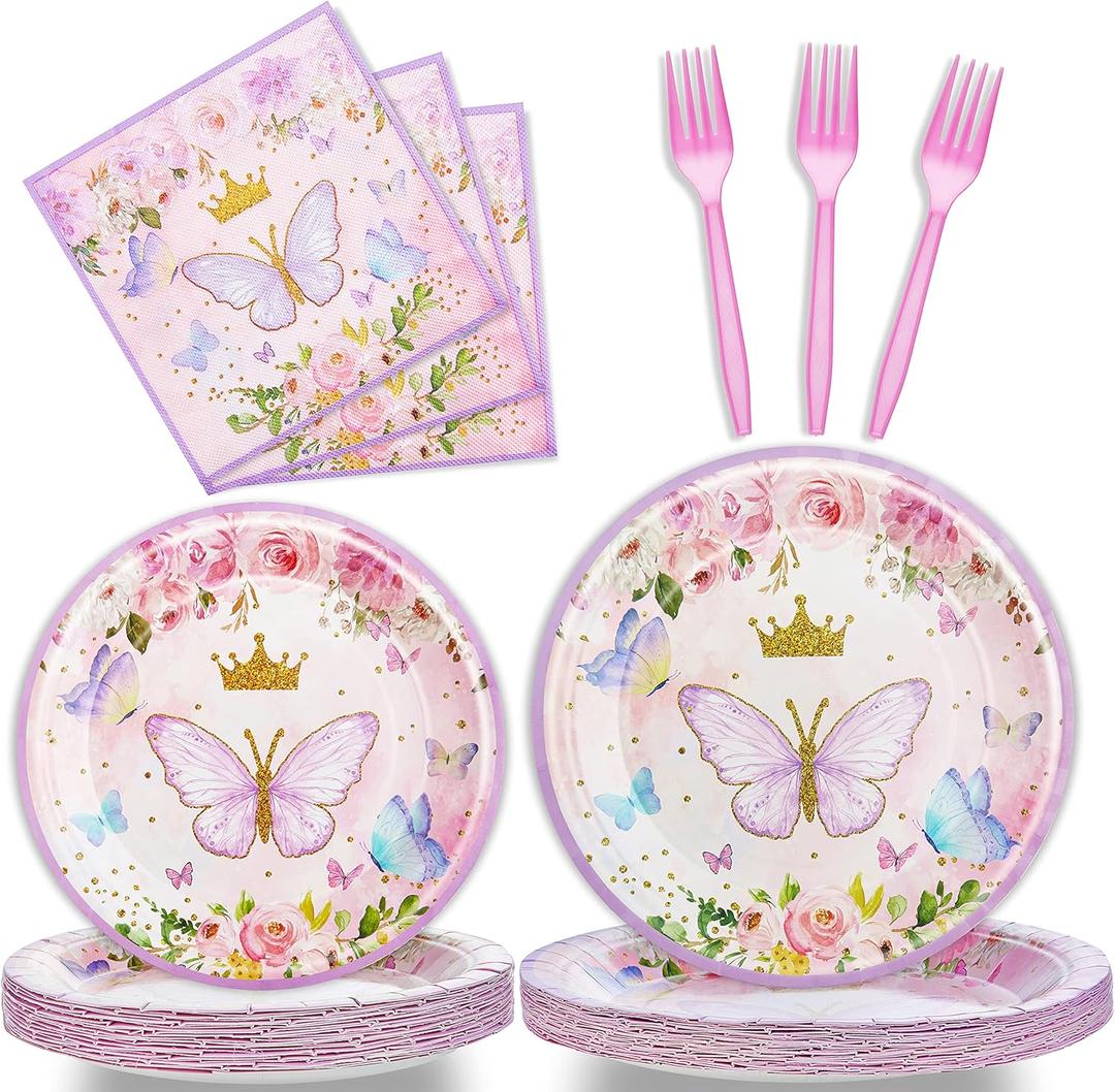 96 Pcs Butterfly Birthday Party Plates Napkins Forks Supplies Tableware Set Disposable Table Butterfly Theme Decoration for Girl Birthday Party or Baby Shower, Serves 24 Guests