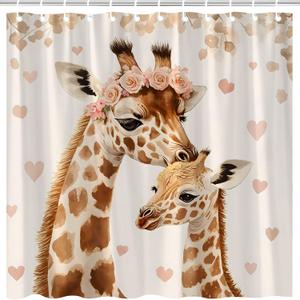 Funny Giraffe Shower Curtain Watercolor Tropical African Wildlife Safari Giraffe Forest Animal Love Heart Mother's Day Family Brown Bathroom Decor Fabric Curtain with Hooks 70X70Inch