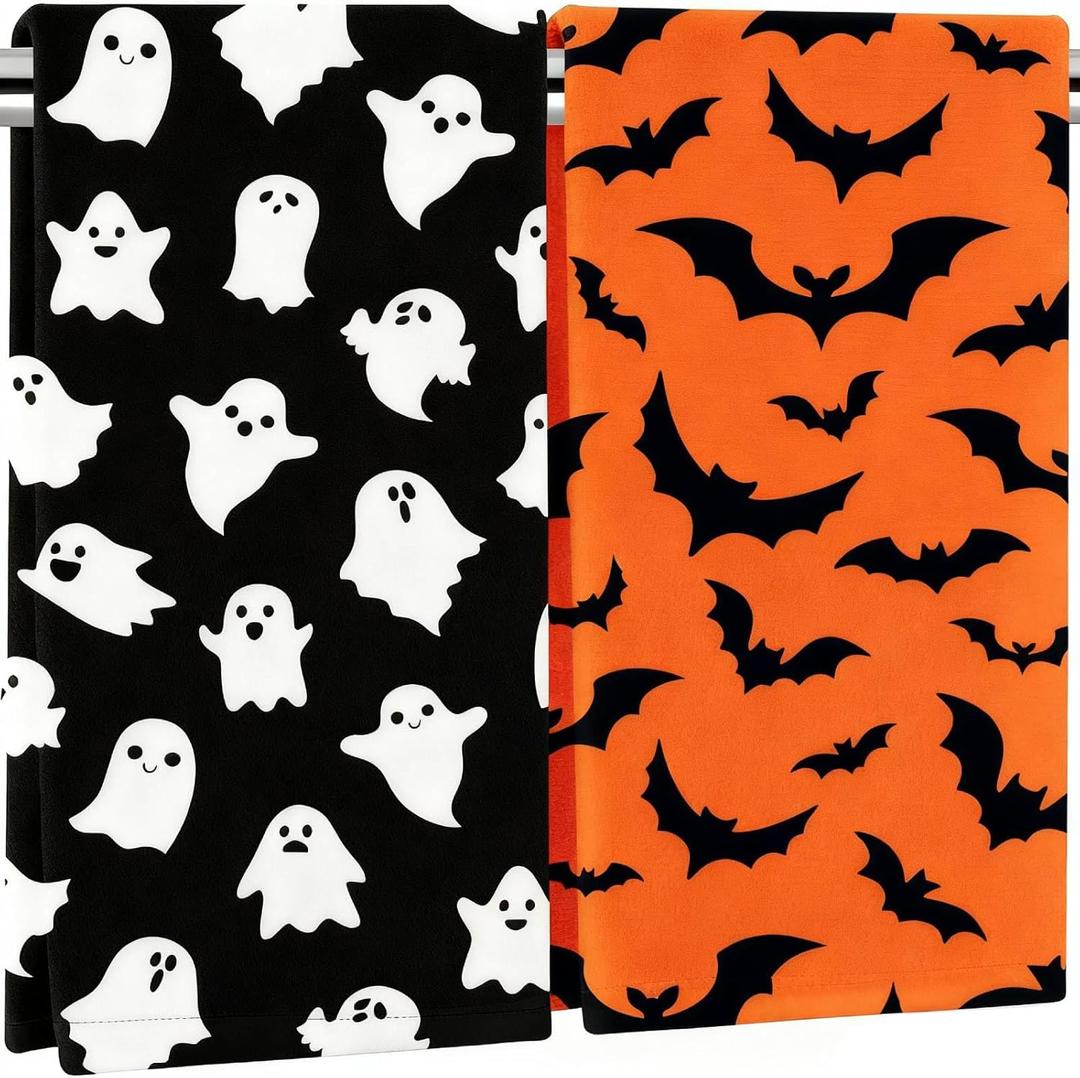 2 Pack Halloween Hand Towels Ghost Bat Decorative Kitchen Towels Absorbent Dish Towel for Halloween Home Bathroom Kitchen Decor Gift, 29.5 x 13.8 Inch